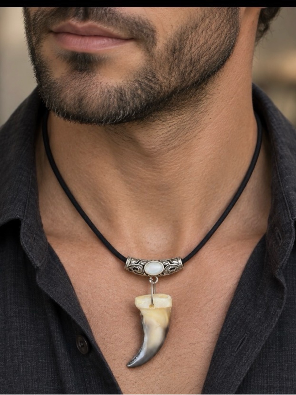 Men's Black Cord Necklace with Beige Horn Pendant and Silver Accents